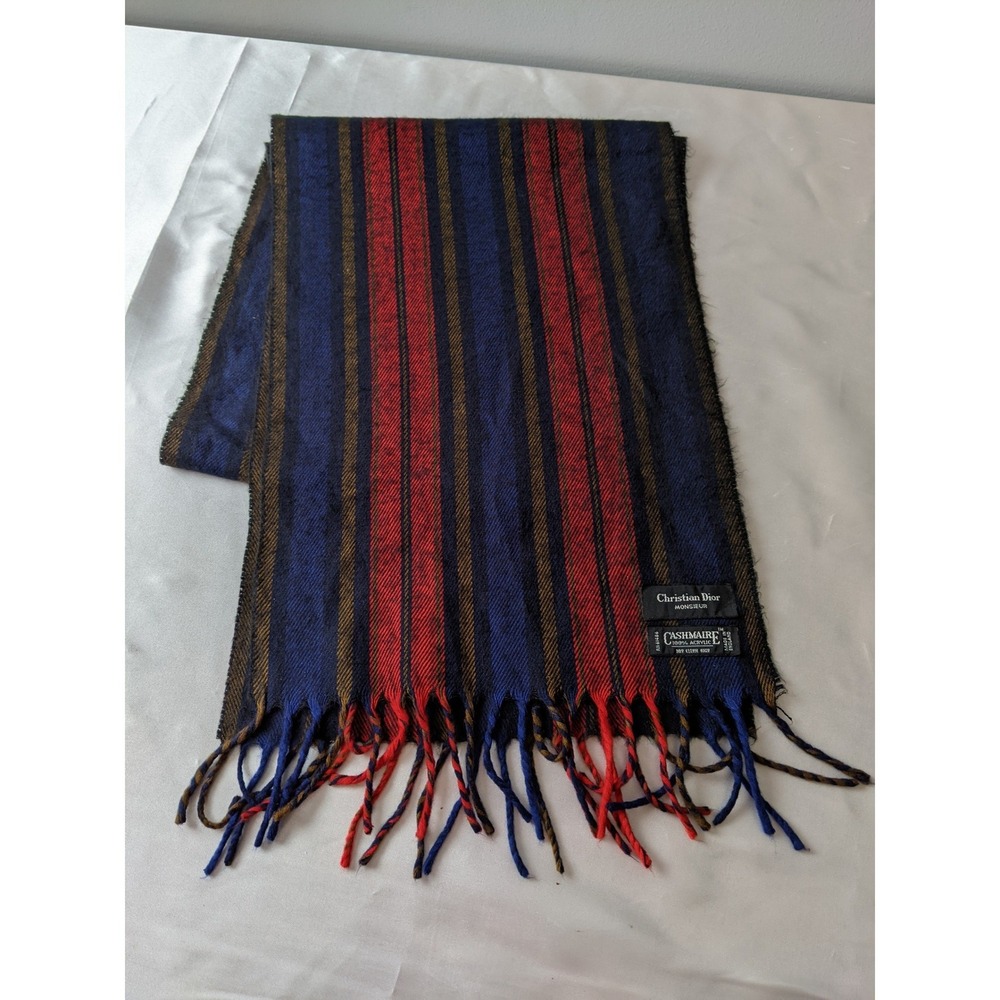 Christian Dior Monsieur Mens Striped Scarf Navy Blue Red Gold Made in England